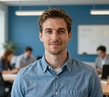 Professional photography headshot of a man in a collaborative office space in the US. Modern workplace with Alice Blue and Medium Blue accents.