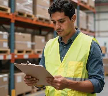 Photography of a South American / Brazilian man in a logistics warehouse, wearing a safety vest and holding a clipboard, professional and organized atmosphere.