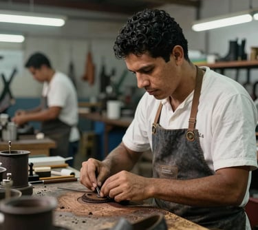 Photography of a South American / Brazilian man working expertly in a traditional footwear factory in Franca, focused expression, authentic industrial setting.