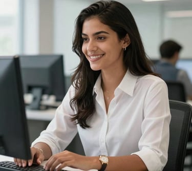 Photography of a young South American / Brazilian woman working in a professional office environment, focused and smiling, clean composition.