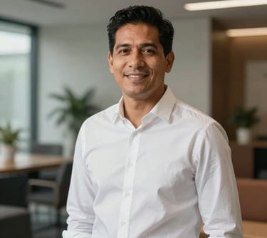 Professional portrait of a South American man with a friendly expression, wearing a white shirt and standing against a soft-focus background of a modern office lounge.