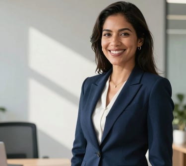 Professional portrait of a South American woman in a dark blue business suit, smiling confidently in a modern, sunlit office environment with minimalist decor.