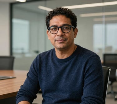 Professional portrait of a South American man with glasses, wearing a dark blue sweater, sitting in a contemporary boardroom with glass walls in Brazil.