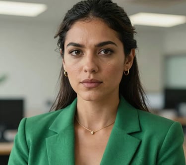 Close-up professional portrait of a South American woman in a professional green blazer, looking towards the camera with a determined and expert expression in a workspace.