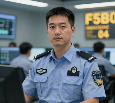 A portrait of a security specialist in a modern command center environment, focused and professional, featuring #1A202C and #F5B041 lighting accents.