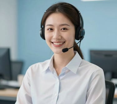 A professional portrait of a customer service representative with a headset, smiling warmly, lighting is soft and professional with brand colors #CBD5E0 in the background.