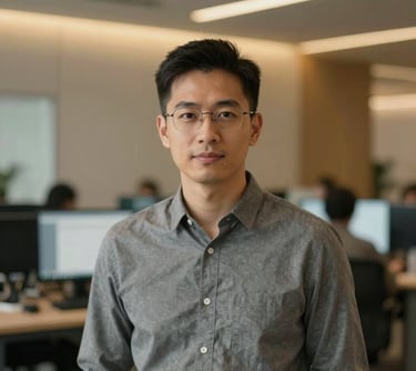 A high-quality portrait of a male data analyst in a sleek, modern tech environment, subtle #F5B041 golden accents in the lighting.