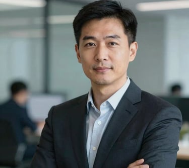 A professional portrait of a tech expert in a dark suit, looking confident, set against a blurred office background with cool #4A5568 tones.