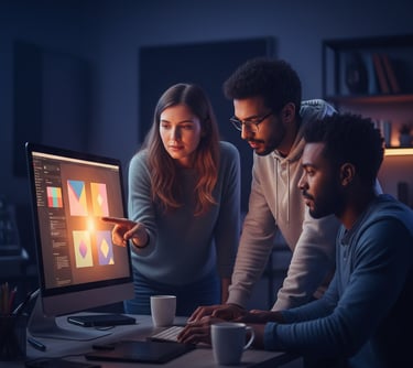 Three creative professionals collaborating around a computer screen in a dimly lit studio.