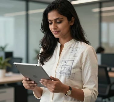 Portrait of a South Asian / Indian female lead designer in a professional off-white outfit, holding a digital tablet with kitchen blueprints in a modern office setting.