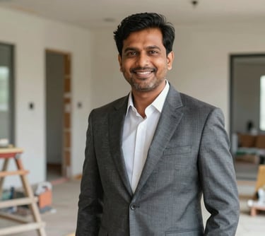 Portrait of a South Asian / Indian male project manager in professional attire, standing on-site in a high-end Pune residence under renovation, smiling.