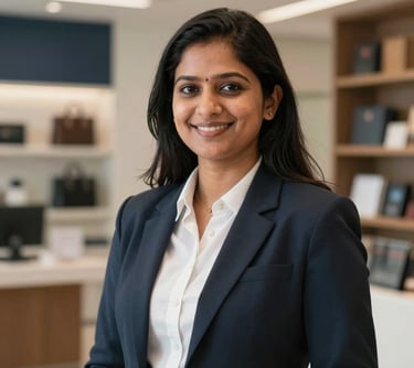 Portrait of a South Asian / Indian female client relations manager in a modern Pune showroom, welcoming with a professional smile.