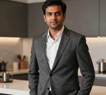 Portrait of a South Asian / Indian male founder in a professional charcoal grey suit, standing in a contemporary kitchen showroom, looking confident and approachable.