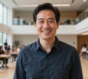 A professional headshot of a smiling theater manager in a contemporary performing arts center. The composition is clean and bright, reflecting an atmosphere of community engagement and transparency. North American context.