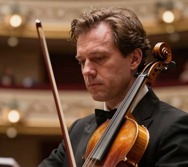 A professional headshot of a conductor or lead musician, holding a violin or baton, with a soft-focus background of a theater's warm interior. Evokes a sense of deep musical expertise and timeless elegance.