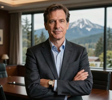 A professional portrait of an executive leader in an elegant office with Pacific Northwest architecture visible through the window. The person exudes confidence and artistic excellence. Warm lighting, sophisticated style.