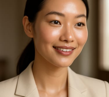Photography of a young professional woman with glowing, healthy skin, representing the success of Korean skincare products in Colombia.