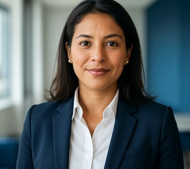 Portrait of a professional Colombian woman in business attire, looking approachable and confident, in a bright modern setting with medium blue accents.