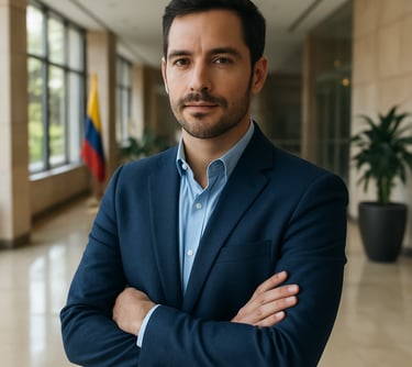 A professional man in a casual business suit, representing leadership and regional growth, in a bright Colombian corporate lobby.