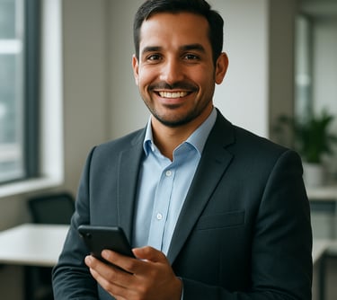 Photography of a male professional in Colombia, smiling and holding a smartphone, representing digital business support in a clean office environment.