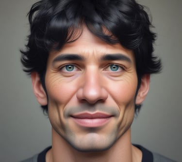 A smiling middle-aged man standing in front of a modern apartment building, holding house keys.