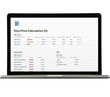 Etsy Fees & Profit Calculator Notion Template for USA