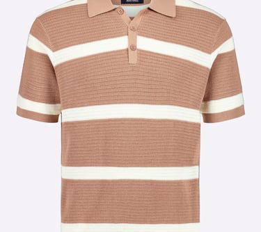 a brown and white striped polo shirt