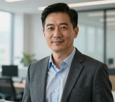 Portrait of a professional man in business casual attire in a bright, modern North American office setting. Professional, trustworthy expression.