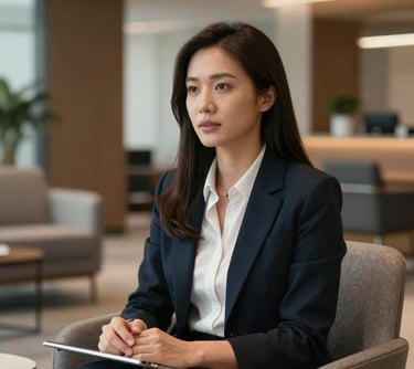 Portrait of a female digital strategist looking engaged and professional, set in a high-end corporate lounge with modern furniture in the background.