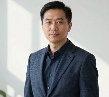Portrait of a male tech specialist wearing a smart blazer, standing against a clean white wall with soft natural light. Professional and authoritative appearance.