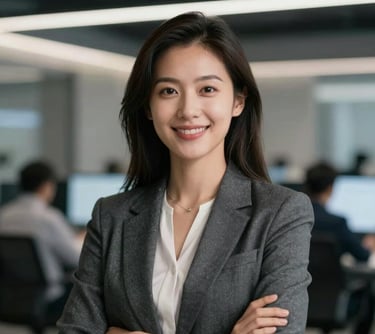 Portrait of a professional woman in a sleek tech-focused environment. She is smiling confidently, wearing professional modern attire suitable for an international business context.