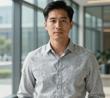 Professional portrait of a male corporate strategist in a light grey linen shirt, looking confident. Modern, clean architectural background with high-end glass windows, soft daylight, Global / North American context.