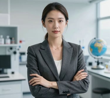 Professional corporate portrait of a female technical engineer in a sleek dark gray blazer, looking forward with confidence. Bright clean room or laboratory in the background, Global / North American setting.