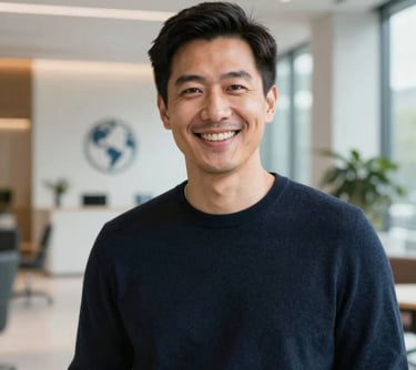 Professional headshot of a male supply chain specialist, smiling warmly, wearing a smart casual dark navy sweater. Bright, modern office lobby in the background, clean aesthetics, Global / North American context.