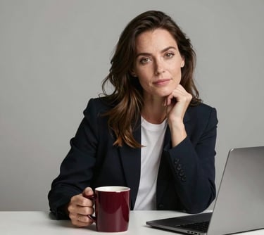 Portrait of a woman sitting at a clean workspace with a deep carmine red coffee mug and a laptop, looking professional and approachable.