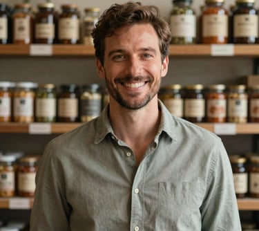 Portrait of a man with a friendly smile, standing in front of a shelf of artisanal products, wearing a neutral parchment green shirt.