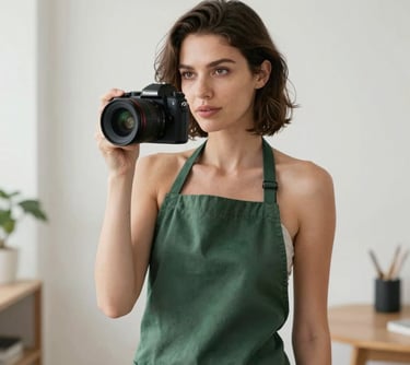 Portrait of a woman with a creative look, wearing a matte forest green apron, holding a digital camera in a bright, modern studio. Professional photography.