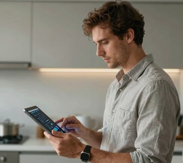 Portrait of a professional man in a minimalist kitchen setting, holding a tablet with social media analytics visible. Soft natural lighting.