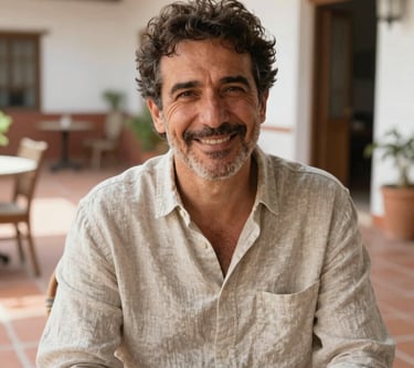 Portrait of a man in his 50s with a kind smile, looking relaxed and satisfied, wearing a linen shirt, set in a bright patio with terracotta tiles in a Spanish-speaking region.