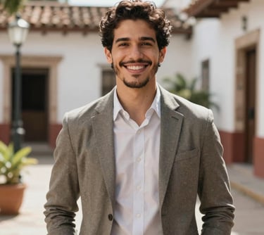 A portrait of a smiling young man looking confident and relaxed, wearing casual professional attire, standing in a bright courtyard in a Latin American setting, soft natural lighting.