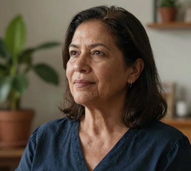 Portrait of a middle-aged woman looking hopeful and serene, soft light hitting her face, indoor setting with plants in a Latin American home, professional and high-quality.