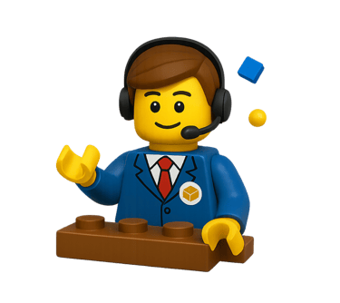 Opérateur téléphonique en LEGO qui se tient prêt à prendre une réservation pour un anniversaire