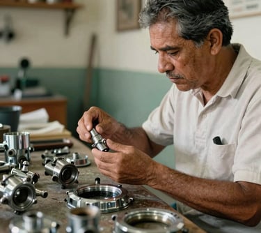 A specialist examining a collection of original chrome parts, soft diffused lighting, authentic nostalgic feel, South American / Brazilian setting.