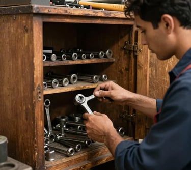A mechanic organizing tools in a wooden cabinet, vintage aesthetic, deep shadows, sophisticated South American / Brazilian workshop environment.