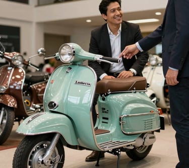 A professional greeting a customer near a beautifully restored mint green Lambretta, South American / Brazilian showroom, sophisticated atmosphere.