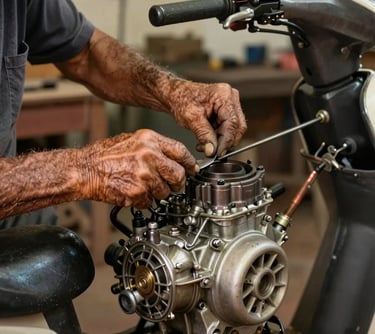 An older man with weathered hands working on a scooter engine, focus on the craftsmanship, warm brown and tan tones, South American / Brazilian workshop.