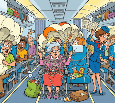 Funny cartoon illustration of chaotic airplane passengers with parachutes and stressed flight attendants.