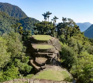 Ancient stone terraces of Ciudad Perdida, the Lost City, nestled in the lush Colombian jungle.