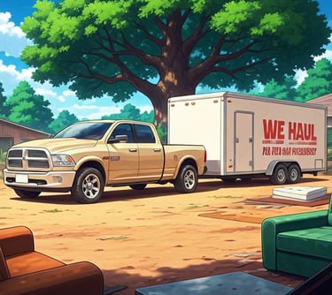 A tan pickup truck towing a white enclosed cargo trailer parked on a yard for moving services.