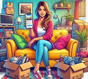 Woman sitting on a sofa using a mobile app to manage moving boxes and home decluttering.